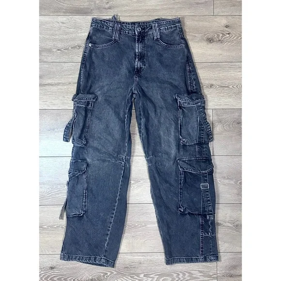 Zara Gray Wash Straight Wide Leg Cargo Pocket Jeans - Picture 5 of 15